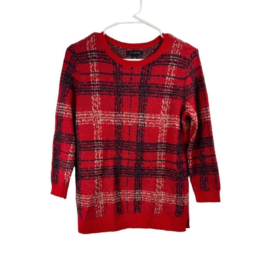 Ann Taylor Size Small Red Plaid Sweater Wool Mohair blend